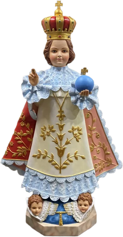Infant Jesus of Prague with crown and orb, a lace-trimmed robe and red mantle, two cherubs at his feet