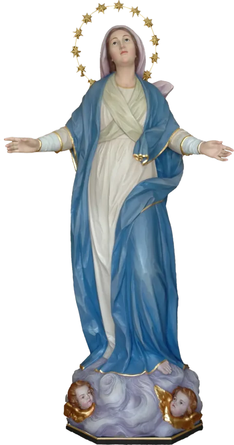 Our Lady of the Assumption, arms open, on clouds