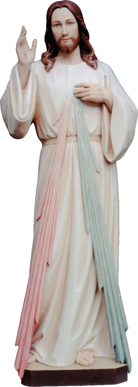 The Divine Mercy, hand raised in blessing, rays of red and pale light from his heart