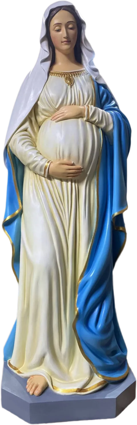 Our Lady as the Expectant Mother, in white with a blue mantle, her hands on the Child she carries