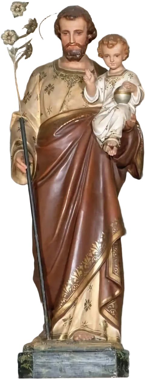 St Joseph in brown and gold, holding the Child Jesus and lilies